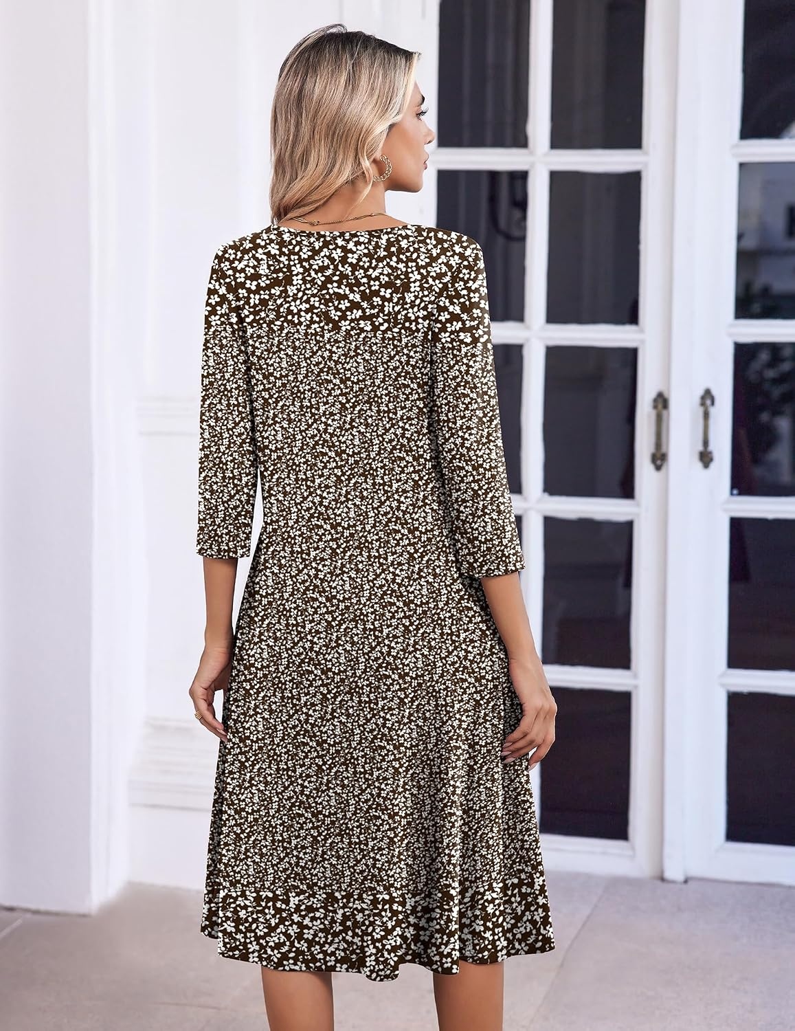 image:imageZeagoo 34 Sleeve Womens Dress Pleated Midi Dresses 2026 Floral T Shirt Dress with Pockets Casual Flowy ALine DressesFloral Brown