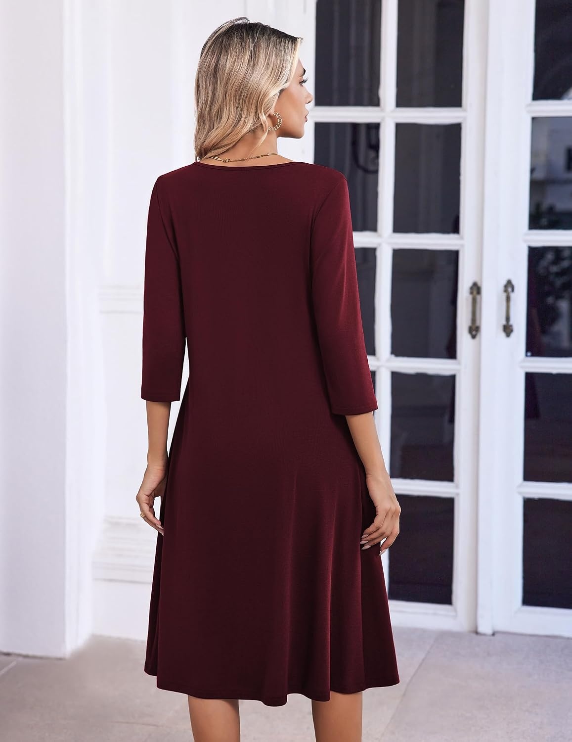 image:imageZeagoo 34 Sleeve Womens Dress Pleated Midi Dresses 2026 Floral T Shirt Dress with Pockets Casual Flowy ALine DressesRed