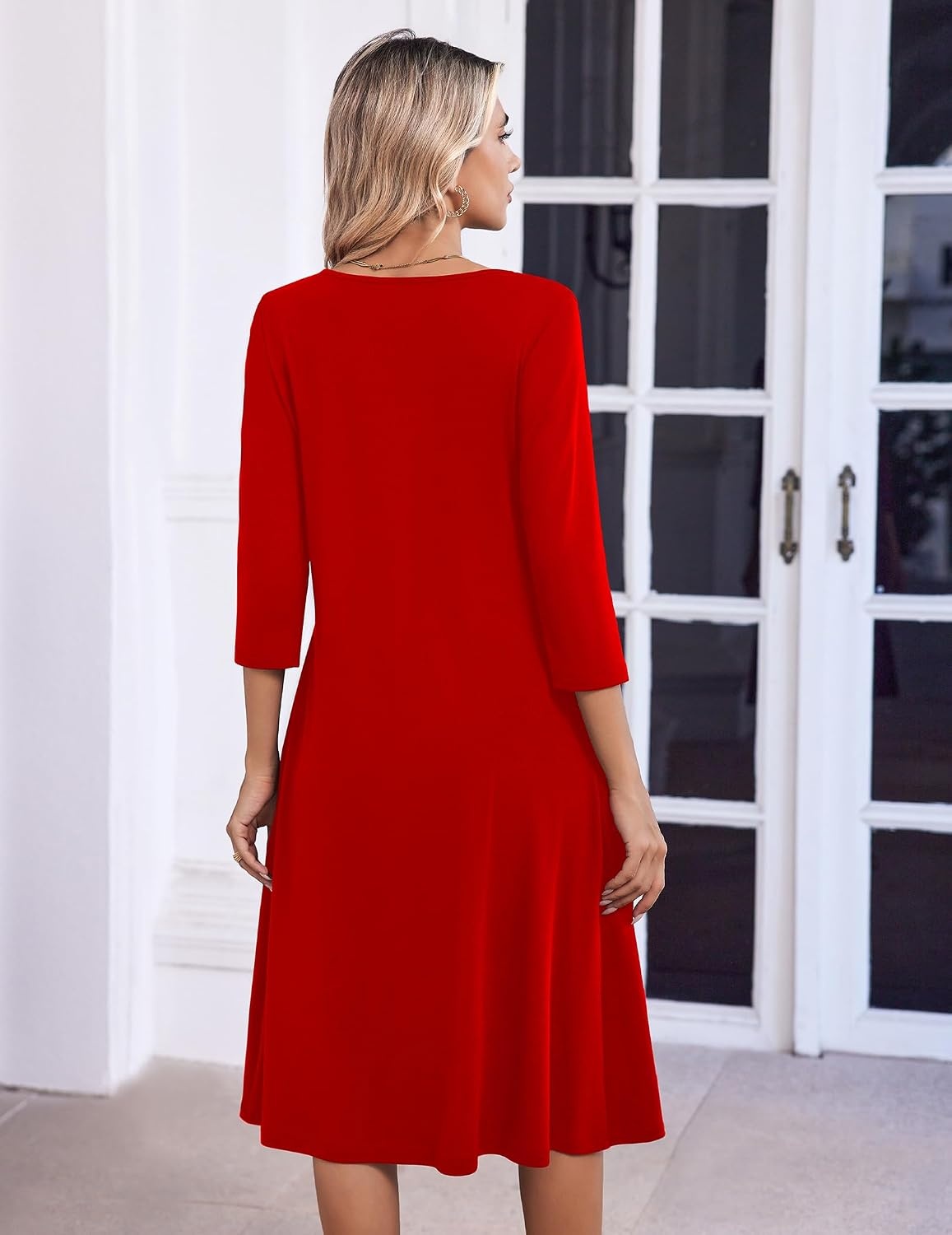 image:imageZeagoo 34 Sleeve Womens Dress Pleated Midi Dresses 2026 Floral T Shirt Dress with Pockets Casual Flowy ALine DressesTrue Red