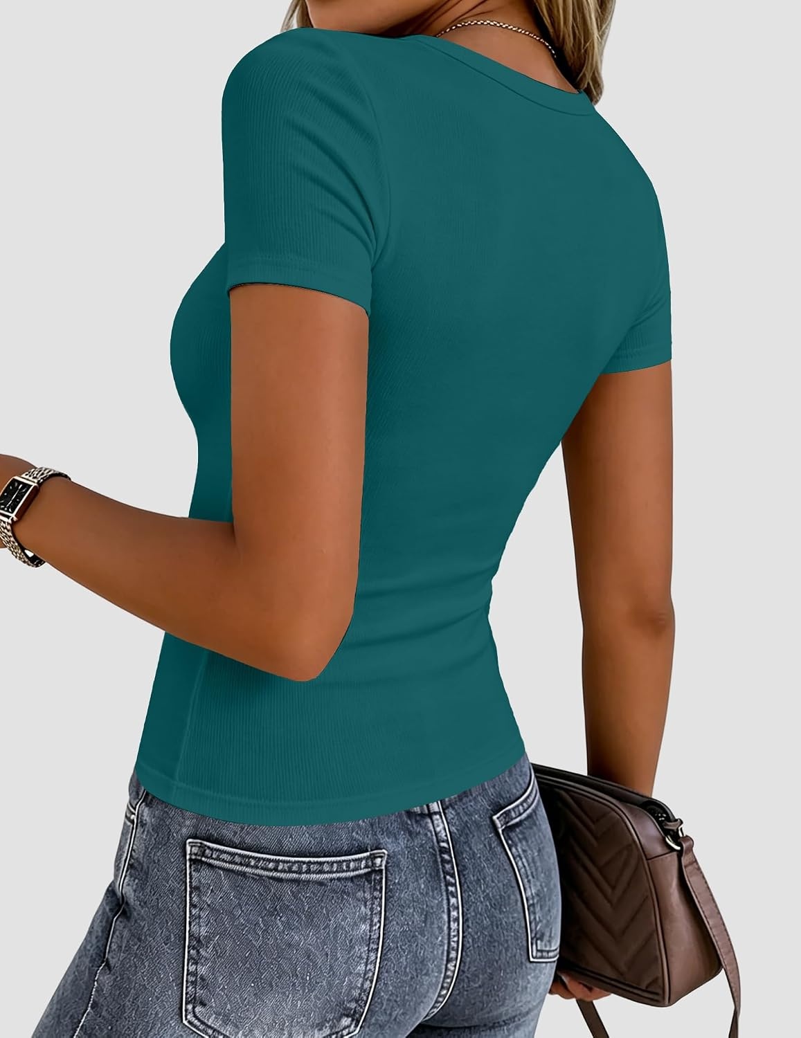 image:imageZeagoo Women Short Sleeve Tops Crewneck Ribbed Knit Fitted Tshirts Dressy Casual Basic Tee 2026 Summer ClothesBlue Green