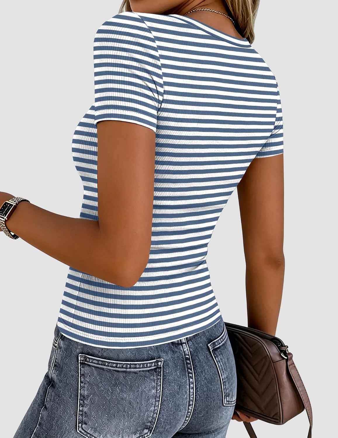 image:imageZeagoo Women Short Sleeve Tops Crewneck Ribbed Knit Fitted Tshirts Dressy Casual Basic Tee 2026 Summer ClothesBlue Stripe