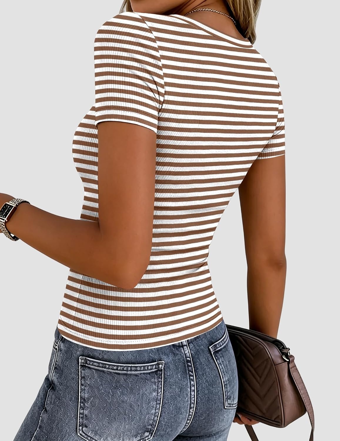 image:imageZeagoo Women Short Sleeve Tops Crewneck Ribbed Knit Fitted Tshirts Dressy Casual Basic Tee 2026 Summer ClothesBrown Stripe