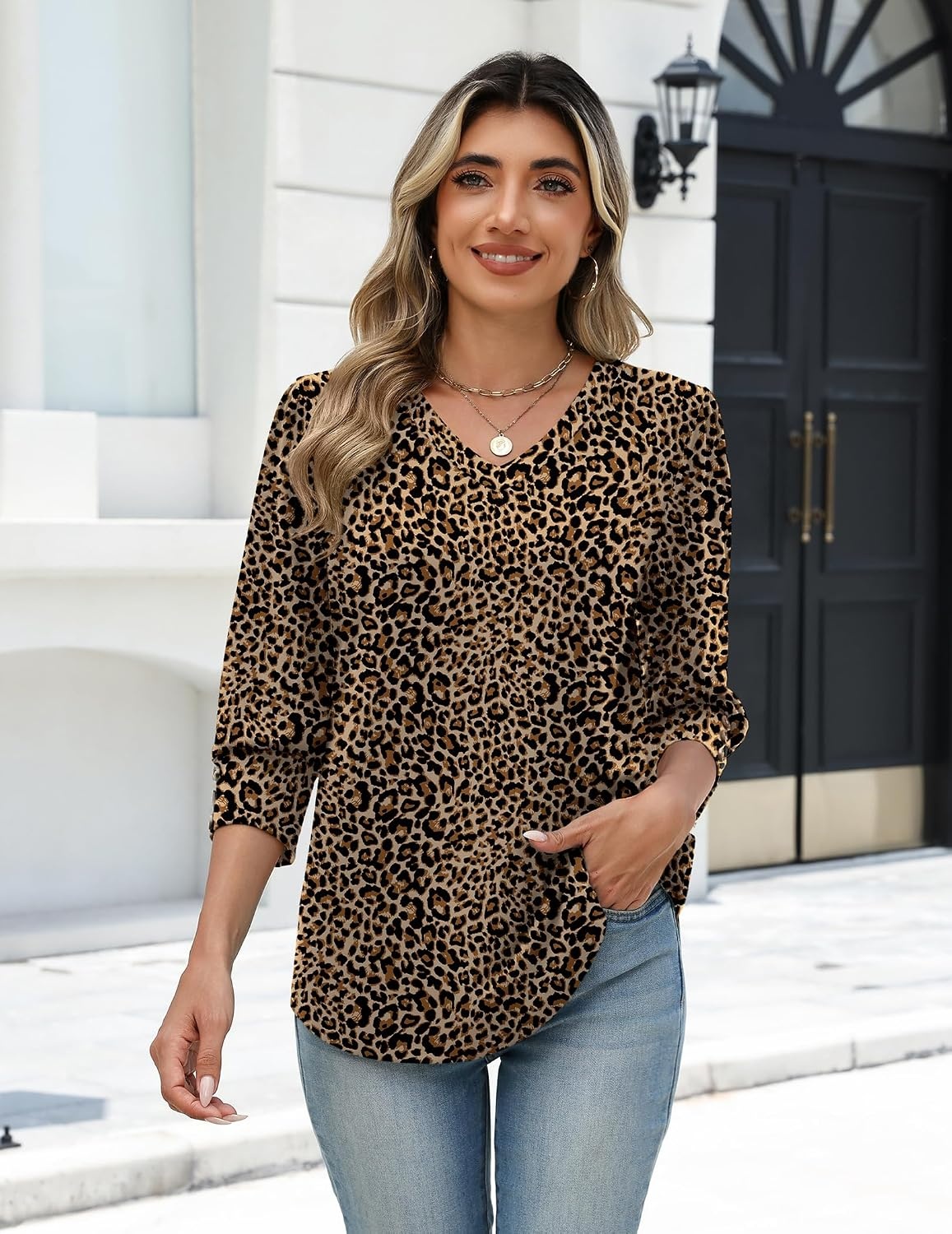 image:imageZeagoo Womens 34 Sleeve V Neck T Shirts Dressy Casual Tops Business Work Tops Going Out Blouse Early Fall Fashion Outfits Soft Basic Tee01an136