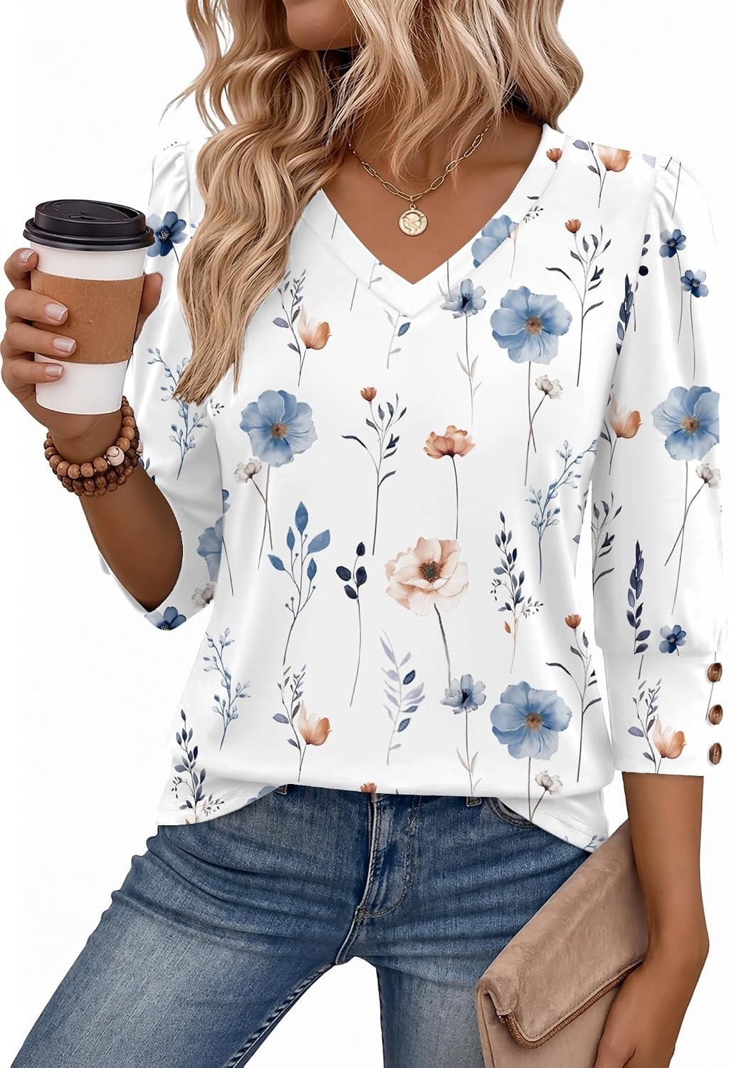 image:imageZeagoo Womens 34 Sleeve V Neck T Shirts Dressy Casual Tops Business Work Tops Going Out Blouse Early Fall Fashion Outfits Soft Basic Tee01bf290
