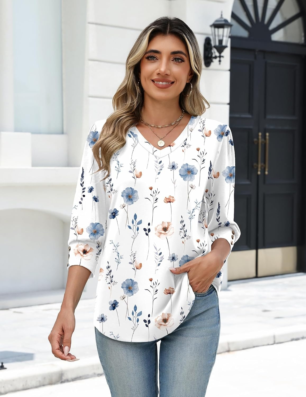 image:imageZeagoo Womens 34 Sleeve V Neck T Shirts Dressy Casual Tops Business Work Tops Going Out Blouse Early Fall Fashion Outfits Soft Basic Tee01bf290