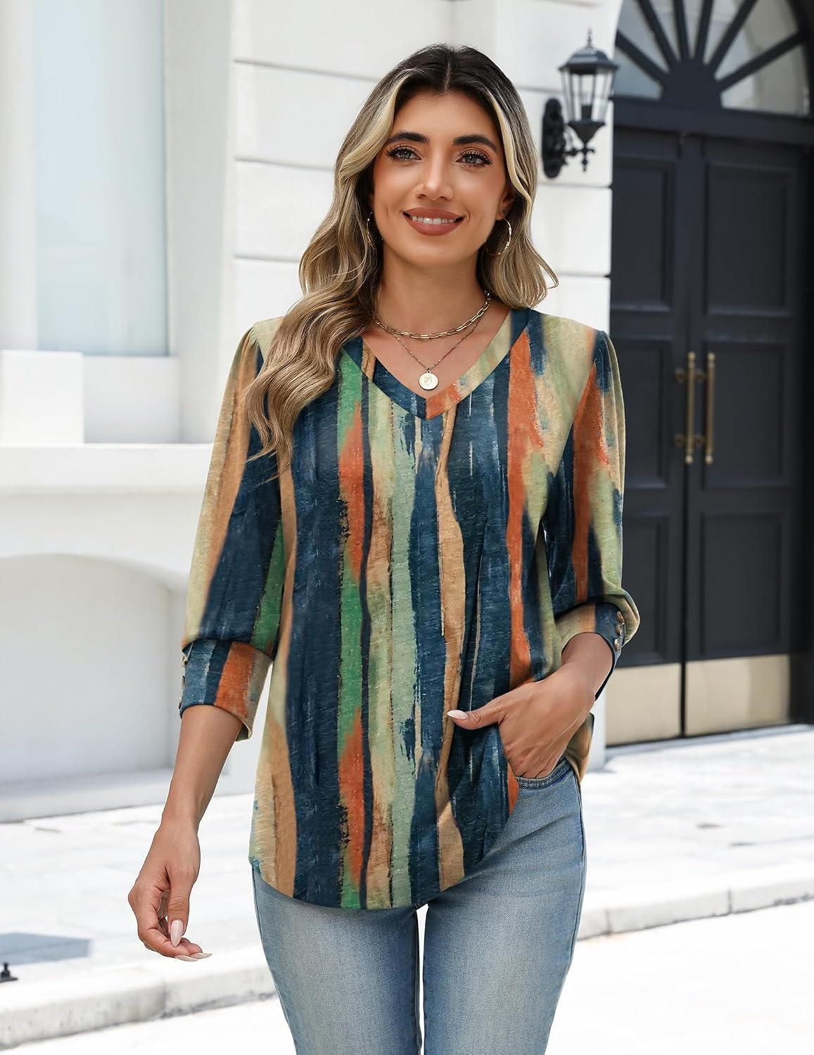 image:imageZeagoo Womens 34 Sleeve V Neck T Shirts Dressy Casual Tops Business Work Tops Going Out Blouse Early Fall Fashion Outfits Soft Basic Tee01cx289