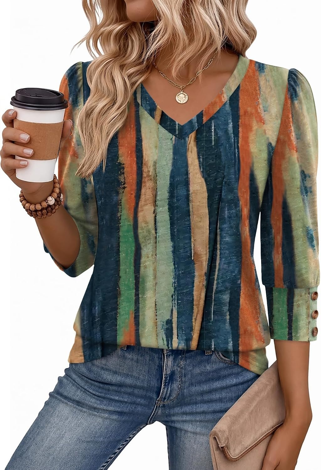 image:imageZeagoo Womens 34 Sleeve V Neck T Shirts Dressy Casual Tops Business Work Tops Going Out Blouse Early Fall Fashion Outfits Soft Basic Tee01cx289