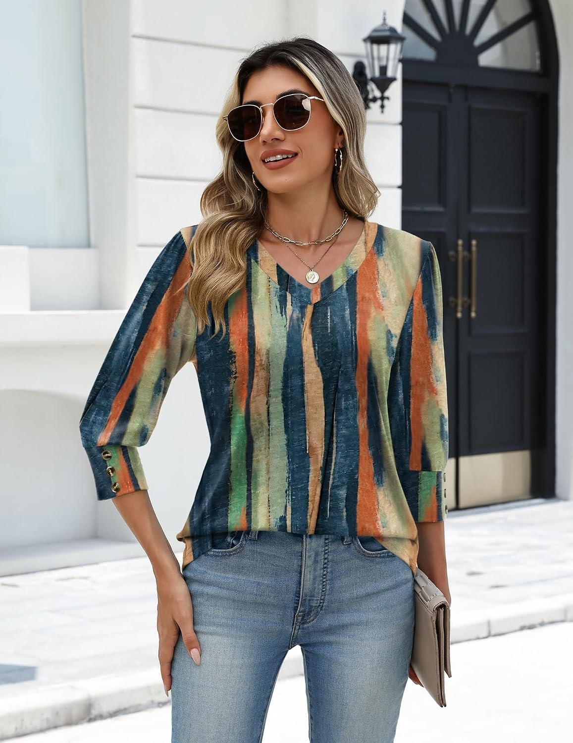 image:imageZeagoo Womens 34 Sleeve V Neck T Shirts Dressy Casual Tops Business Work Tops Going Out Blouse Early Fall Fashion Outfits Soft Basic Tee01cx289
