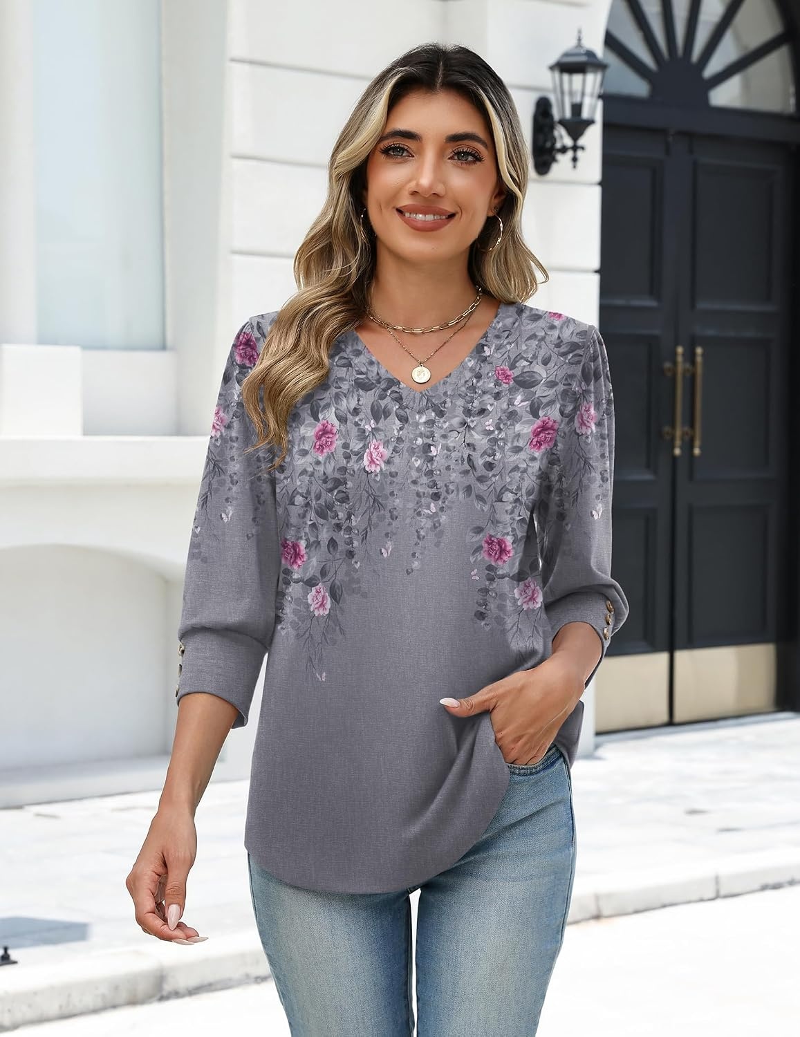 image:imageZeagoo Womens 34 Sleeve V Neck T Shirts Dressy Casual Tops Business Work Tops Going Out Blouse Early Fall Fashion Outfits Soft Basic Tee01hf36