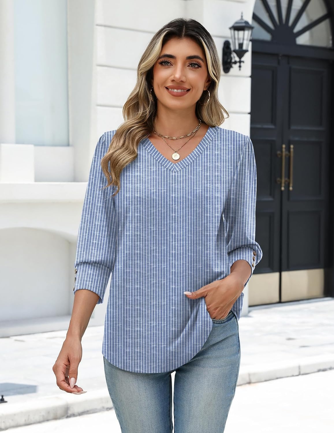 image:imageZeagoo Womens 34 Sleeve V Neck T Shirts Dressy Casual Tops Business Work Tops Going Out Blouse Early Fall Fashion Outfits Soft Basic Tee01tz273