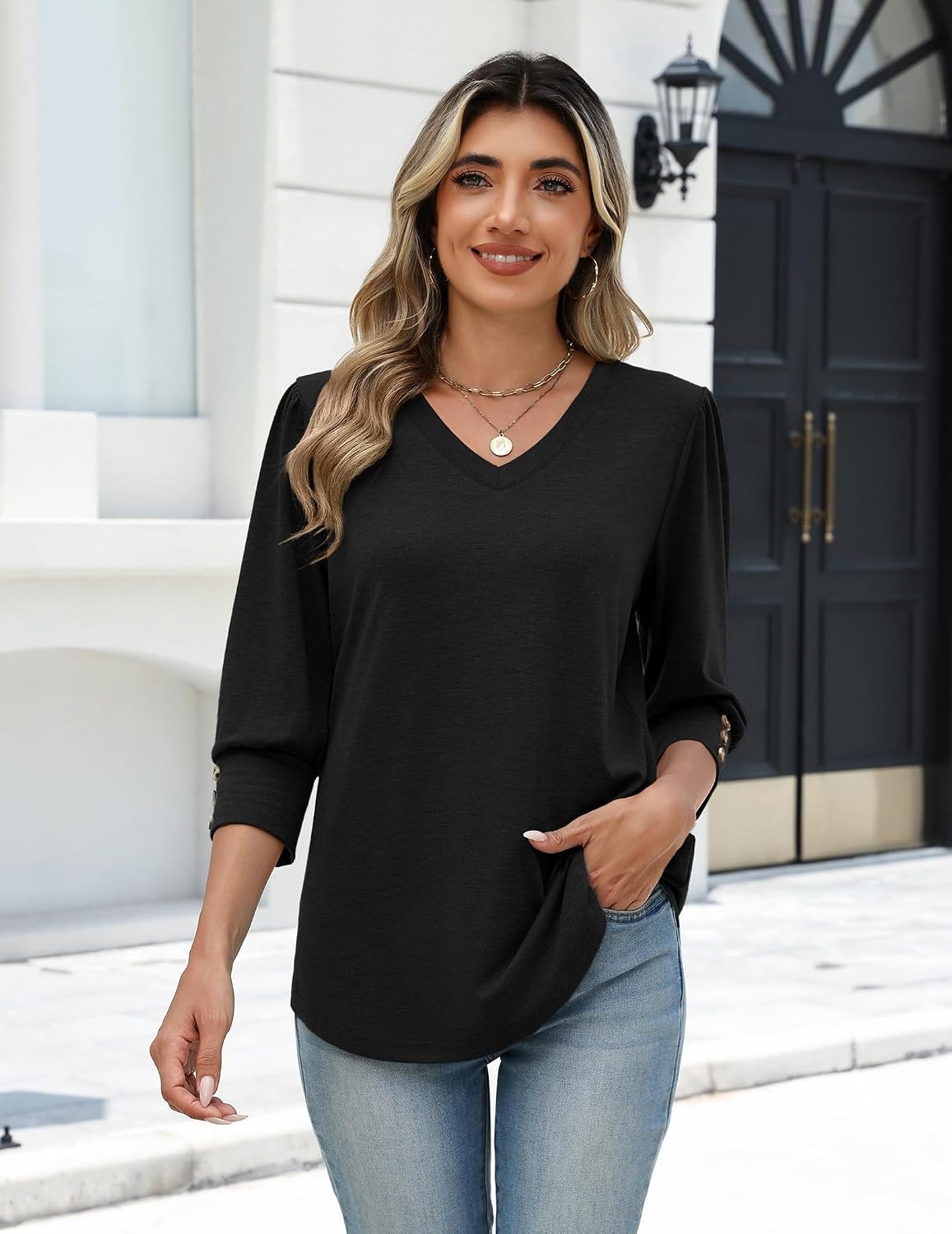 image:imageZeagoo Womens 34 Sleeve V Neck T Shirts Dressy Casual Tops Business Work Tops Going Out Blouse Early Fall Fashion Outfits Soft Basic Tee04black