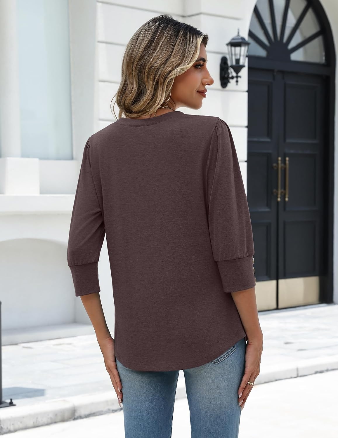 image:imageZeagoo Womens 34 Sleeve V Neck T Shirts Dressy Casual Tops Business Work Tops Going Out Blouse Early Fall Fashion Outfits Soft Basic Tee04brown