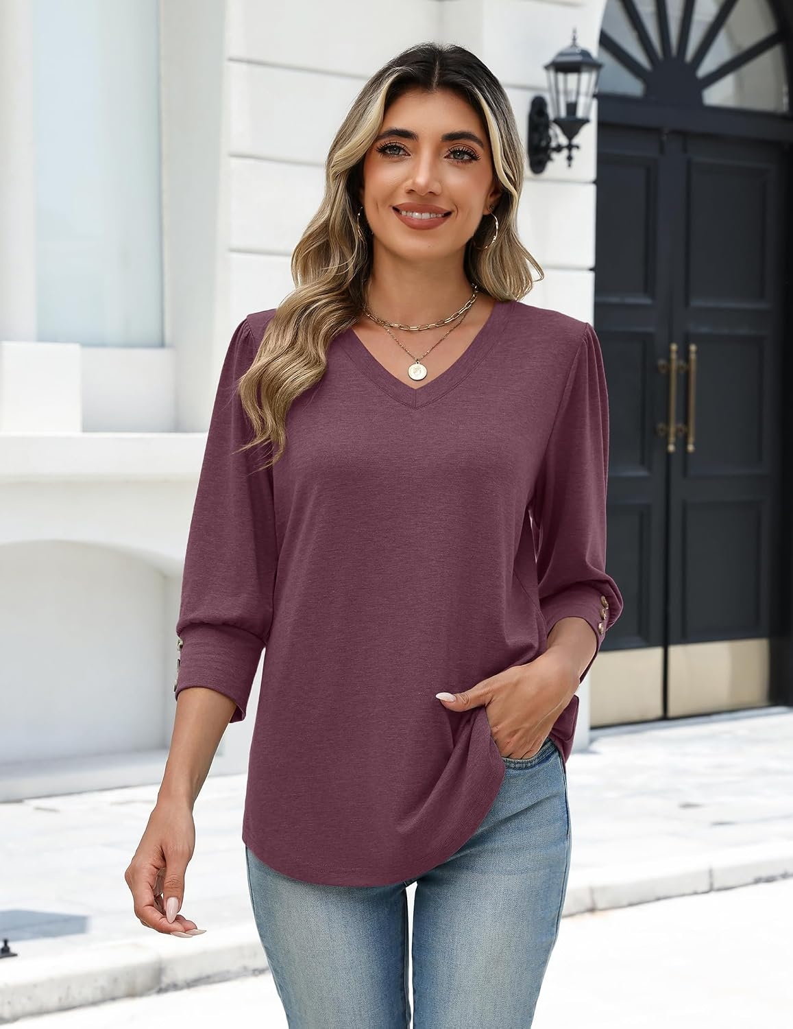 image:imageZeagoo Womens 34 Sleeve V Neck T Shirts Dressy Casual Tops Business Work Tops Going Out Blouse Early Fall Fashion Outfits Soft Basic Tee04dark Red
