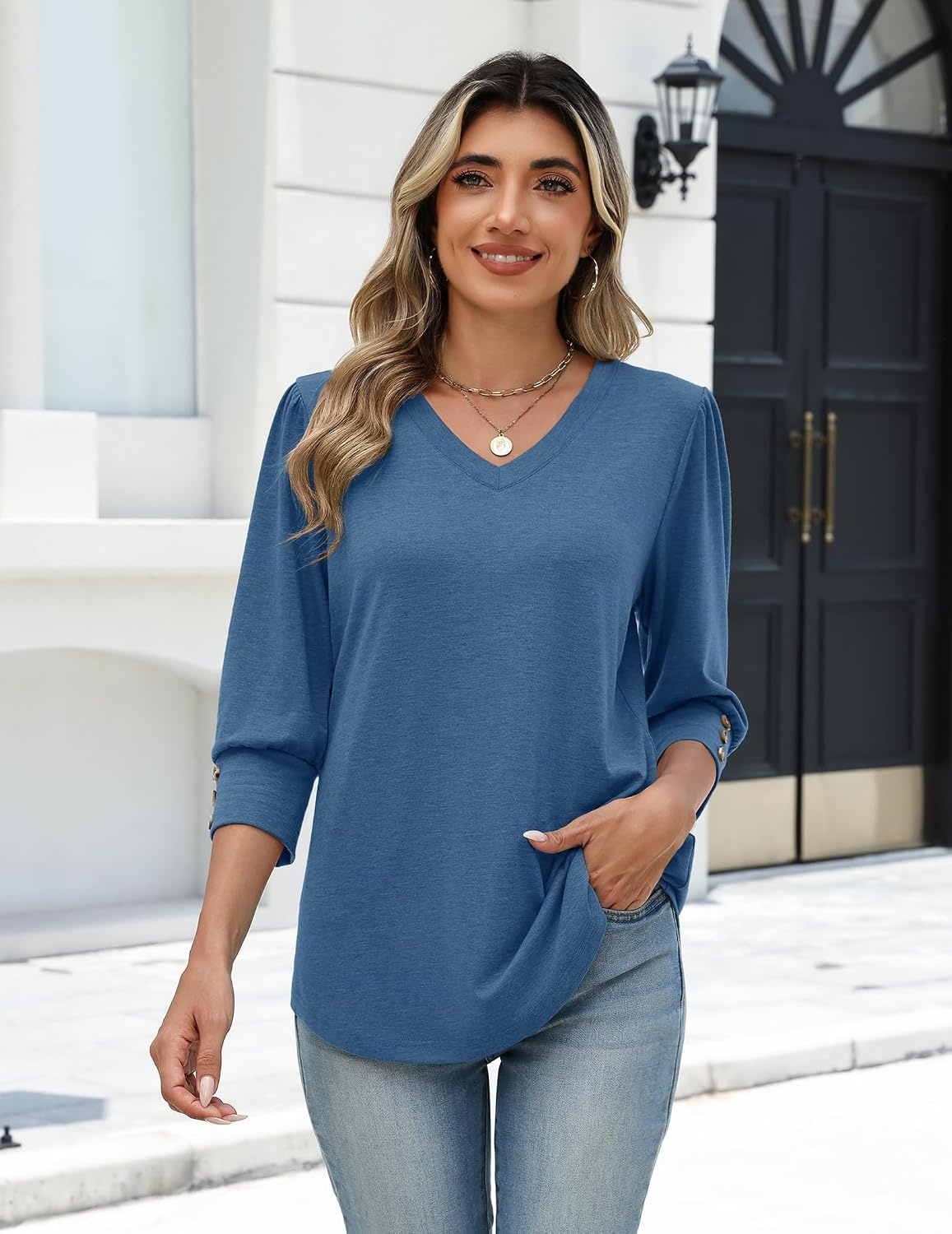 image:imageZeagoo Womens 34 Sleeve V Neck T Shirts Dressy Casual Tops Business Work Tops Going Out Blouse Early Fall Fashion Outfits Soft Basic Tee04haze Blue