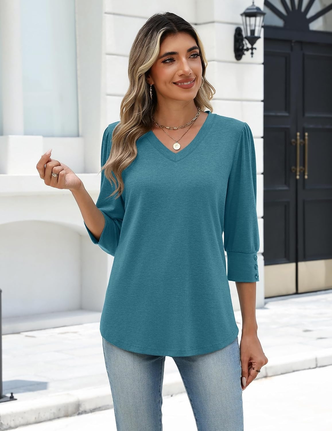 image:imageZeagoo Womens 34 Sleeve V Neck T Shirts Dressy Casual Tops Business Work Tops Going Out Blouse Early Fall Fashion Outfits Soft Basic Tee04peacock Blue