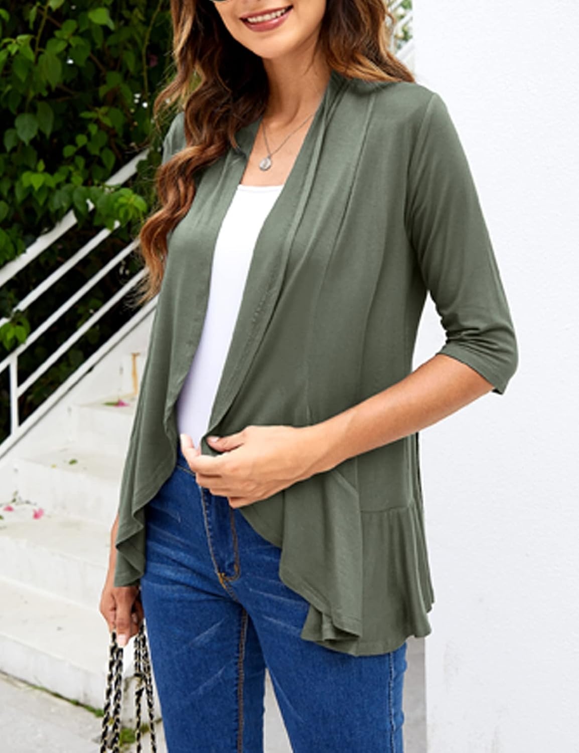 image:imageZeagoo Womens Open Front Cardigan 2026 Spring Summer Lightweight 34 Sleeve Draped Ruffles Cardigans S3XLArmy Green