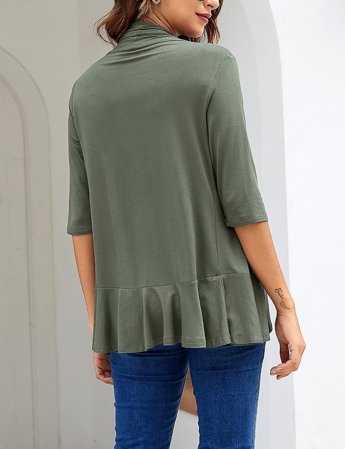 image:imageZeagoo Womens Open Front Cardigan 2026 Spring Summer Lightweight 34 Sleeve Draped Ruffles Cardigans S3XLArmy Green