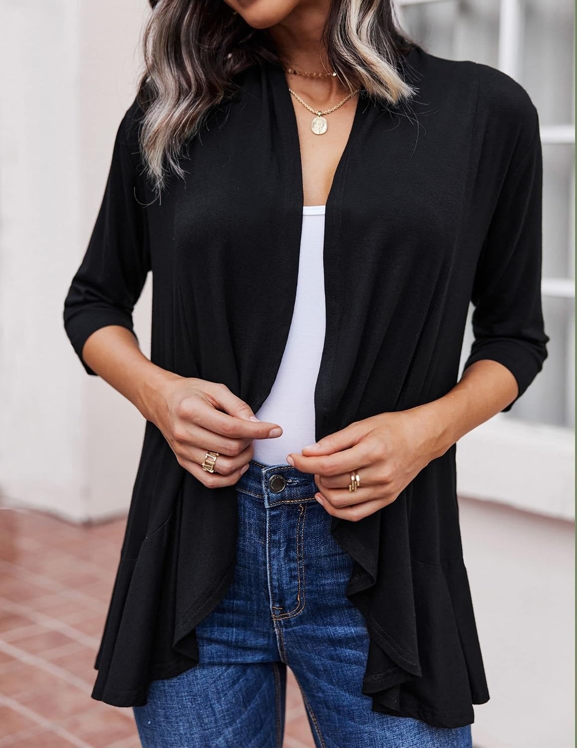 image:imageZeagoo Womens Open Front Cardigan 2026 Spring Summer Lightweight 34 Sleeve Draped Ruffles Cardigans S3XLBlack