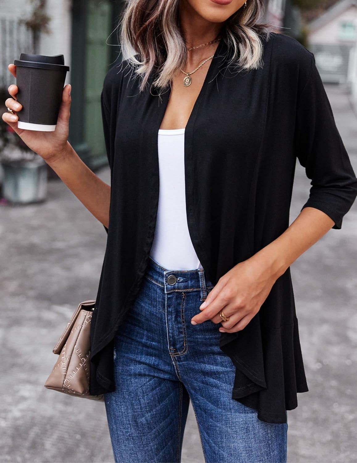 image:imageZeagoo Womens Open Front Cardigan 2026 Spring Summer Lightweight 34 Sleeve Draped Ruffles Cardigans S3XLBlack