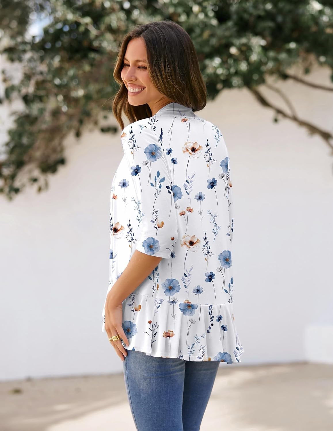 image:imageZeagoo Womens Open Front Cardigan 2026 Spring Summer Lightweight 34 Sleeve Draped Ruffles Cardigans S3XLFloral Blue