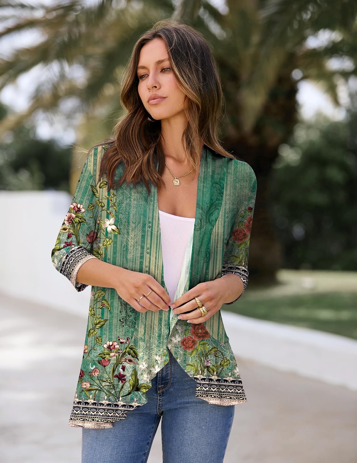 image:imageZeagoo Womens Open Front Cardigan 2026 Spring Summer Lightweight 34 Sleeve Draped Ruffles Cardigans S3XLFloral Green