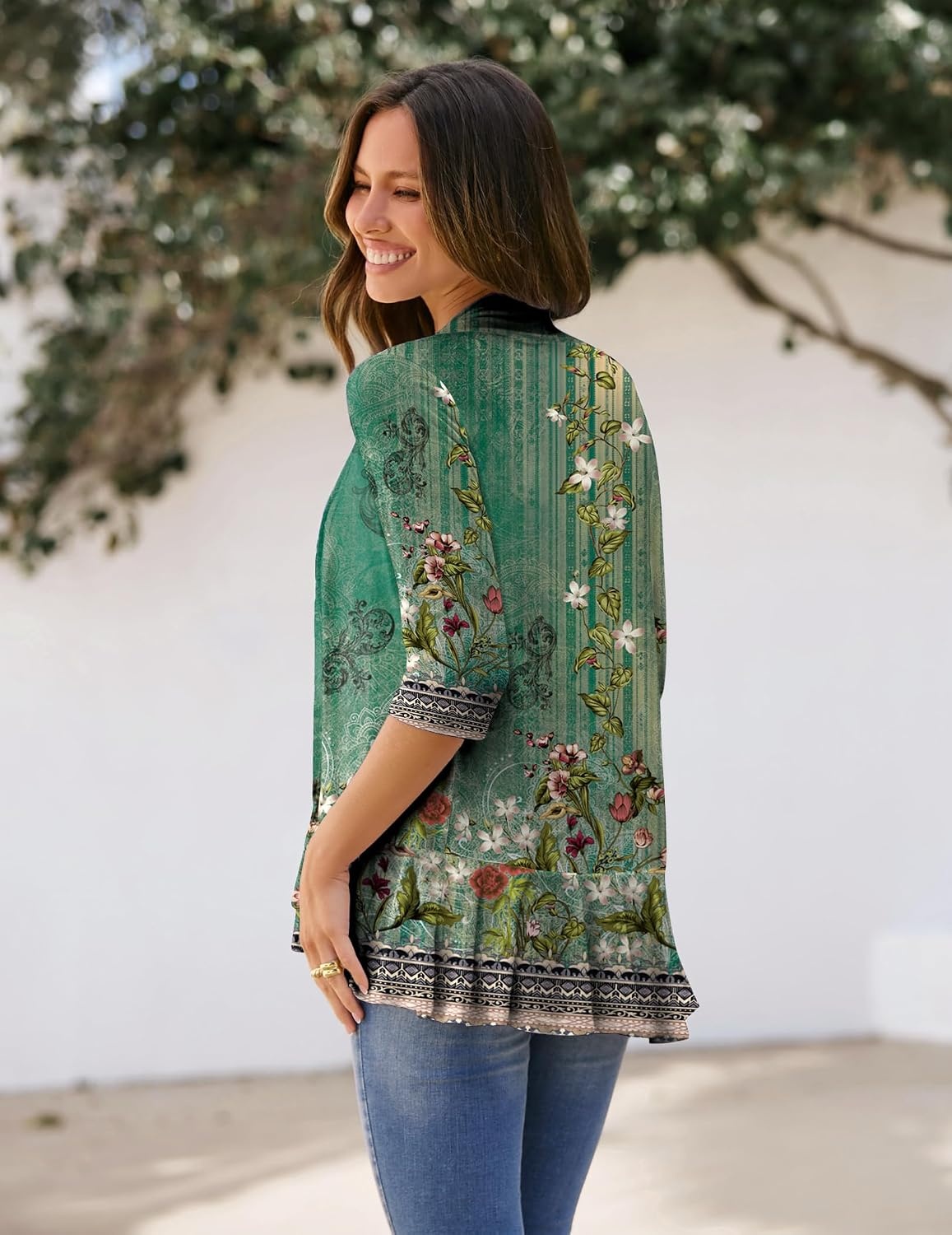 image:imageZeagoo Womens Open Front Cardigan 2026 Spring Summer Lightweight 34 Sleeve Draped Ruffles Cardigans S3XLFloral Green