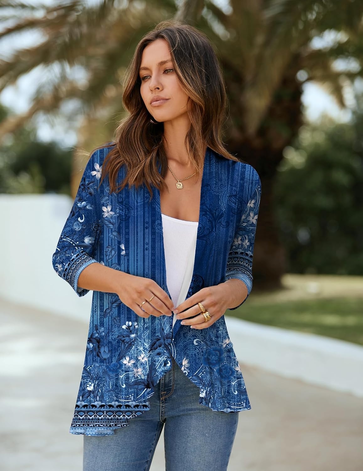 image:imageZeagoo Womens Open Front Cardigan 2026 Spring Summer Lightweight 34 Sleeve Draped Ruffles Cardigans S3XLFloral Navy