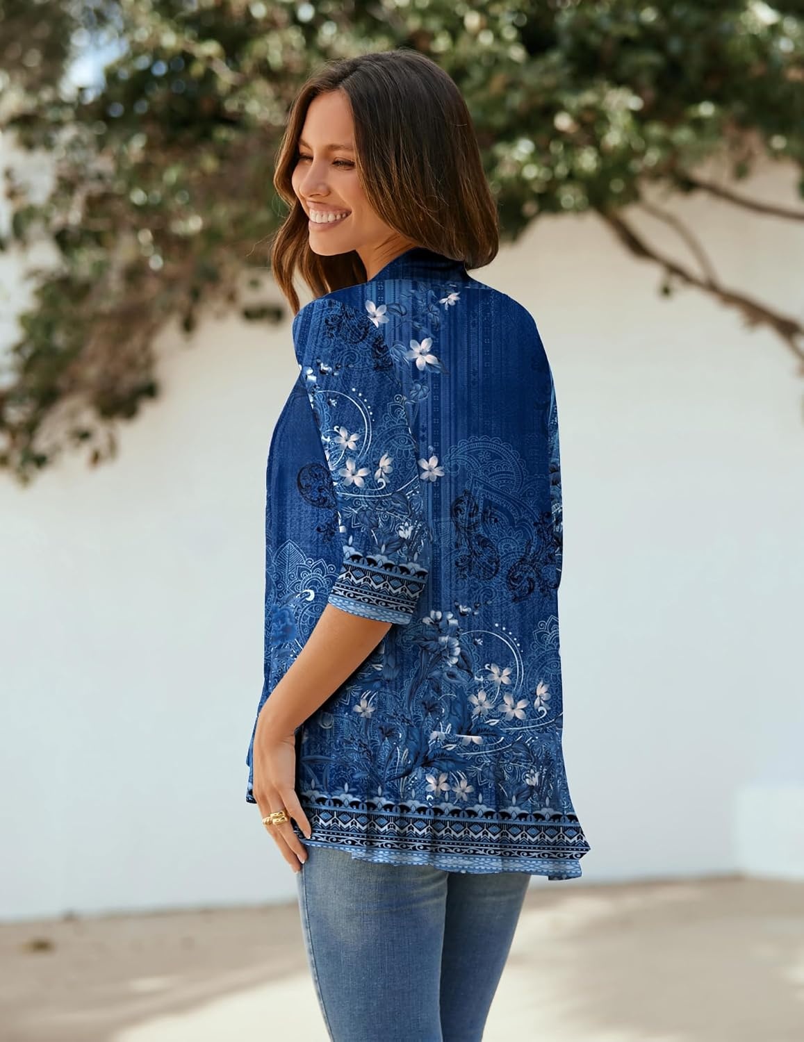 image:imageZeagoo Womens Open Front Cardigan 2026 Spring Summer Lightweight 34 Sleeve Draped Ruffles Cardigans S3XLFloral Navy
