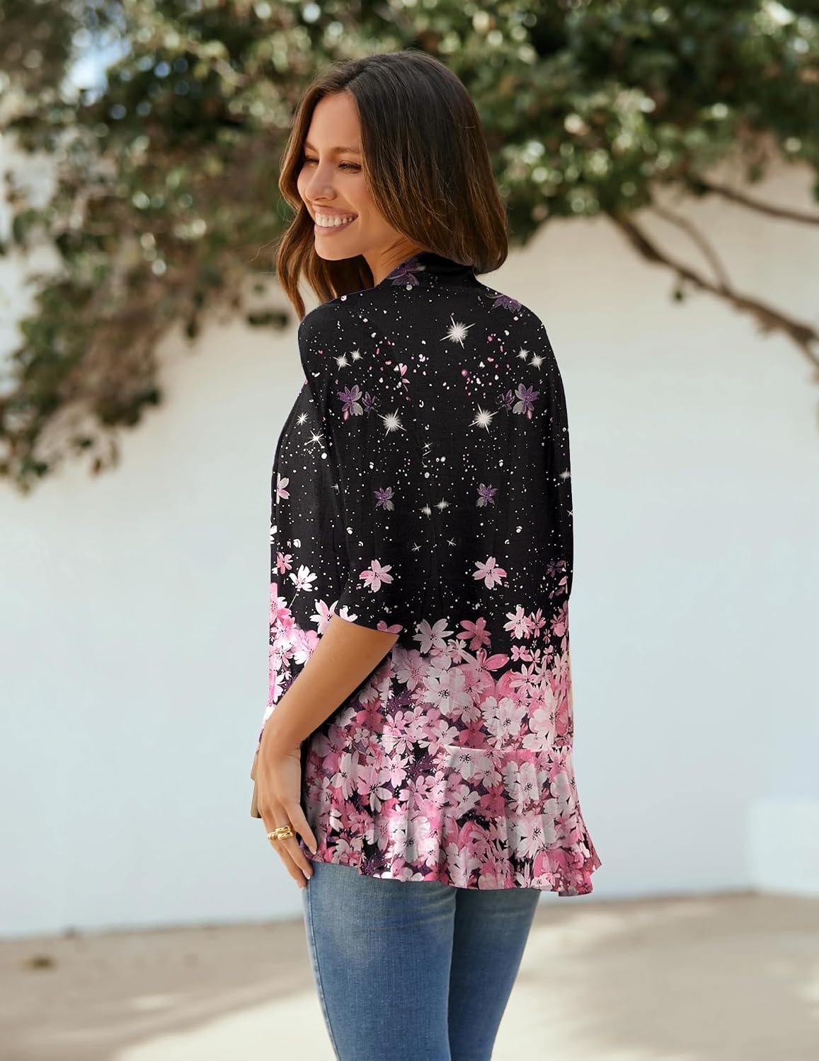image:imageZeagoo Womens Open Front Cardigan 2026 Spring Summer Lightweight 34 Sleeve Draped Ruffles Cardigans S3XLFloral Pink
