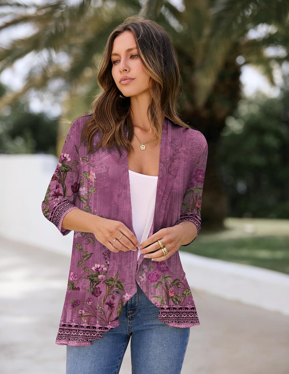 image:imageZeagoo Womens Open Front Cardigan 2026 Spring Summer Lightweight 34 Sleeve Draped Ruffles Cardigans S3XLFloral Purple