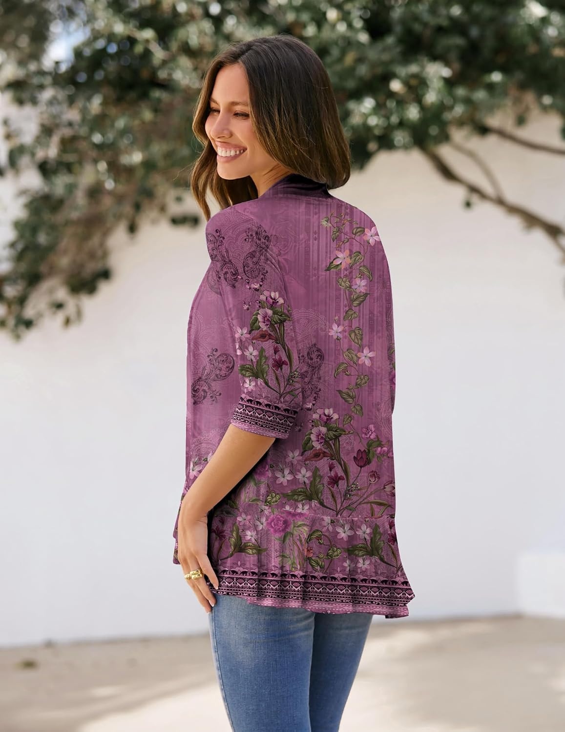 image:imageZeagoo Womens Open Front Cardigan 2026 Spring Summer Lightweight 34 Sleeve Draped Ruffles Cardigans S3XLFloral Purple