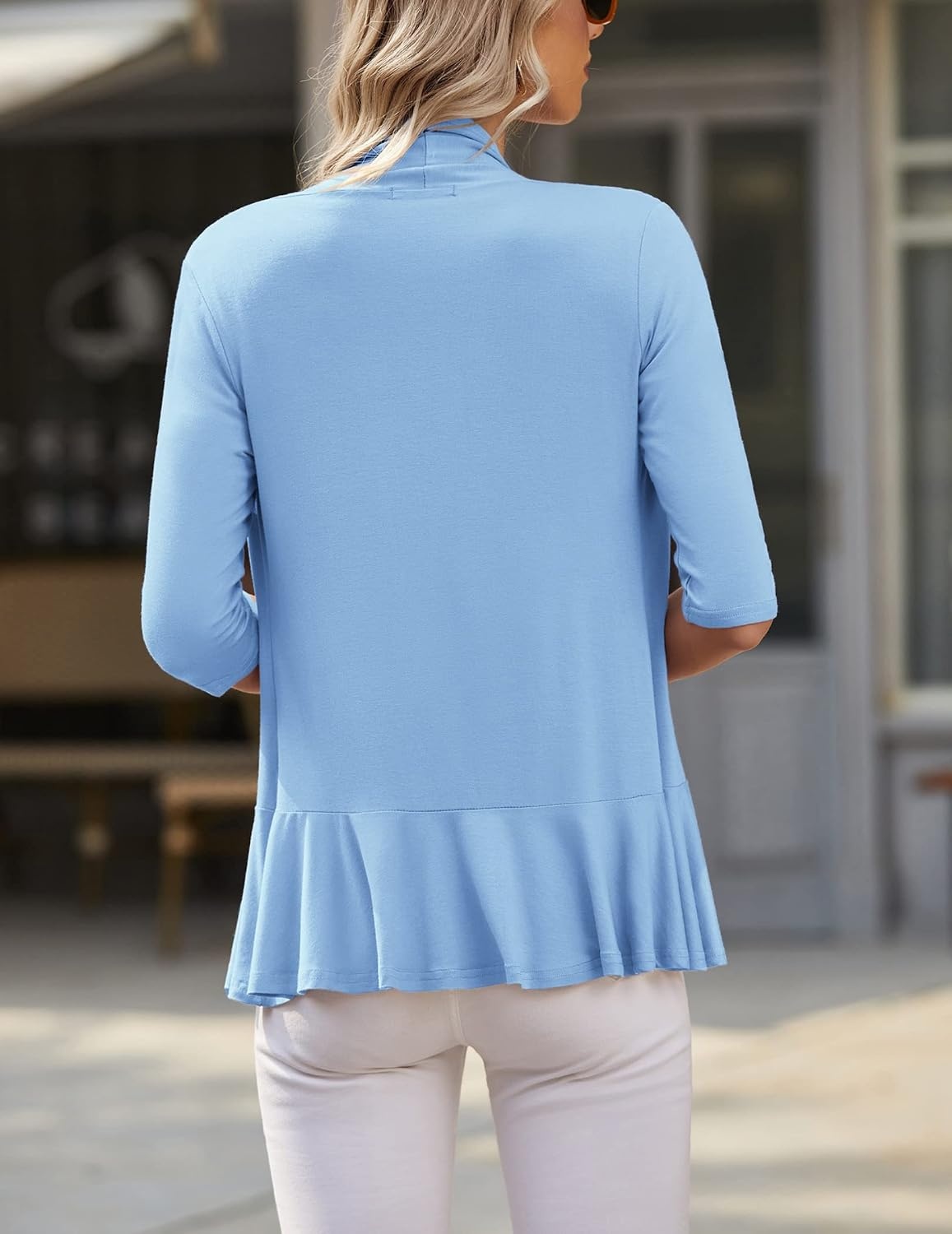 image:imageZeagoo Womens Open Front Cardigan 2026 Spring Summer Lightweight 34 Sleeve Draped Ruffles Cardigans S3XLLight Blue