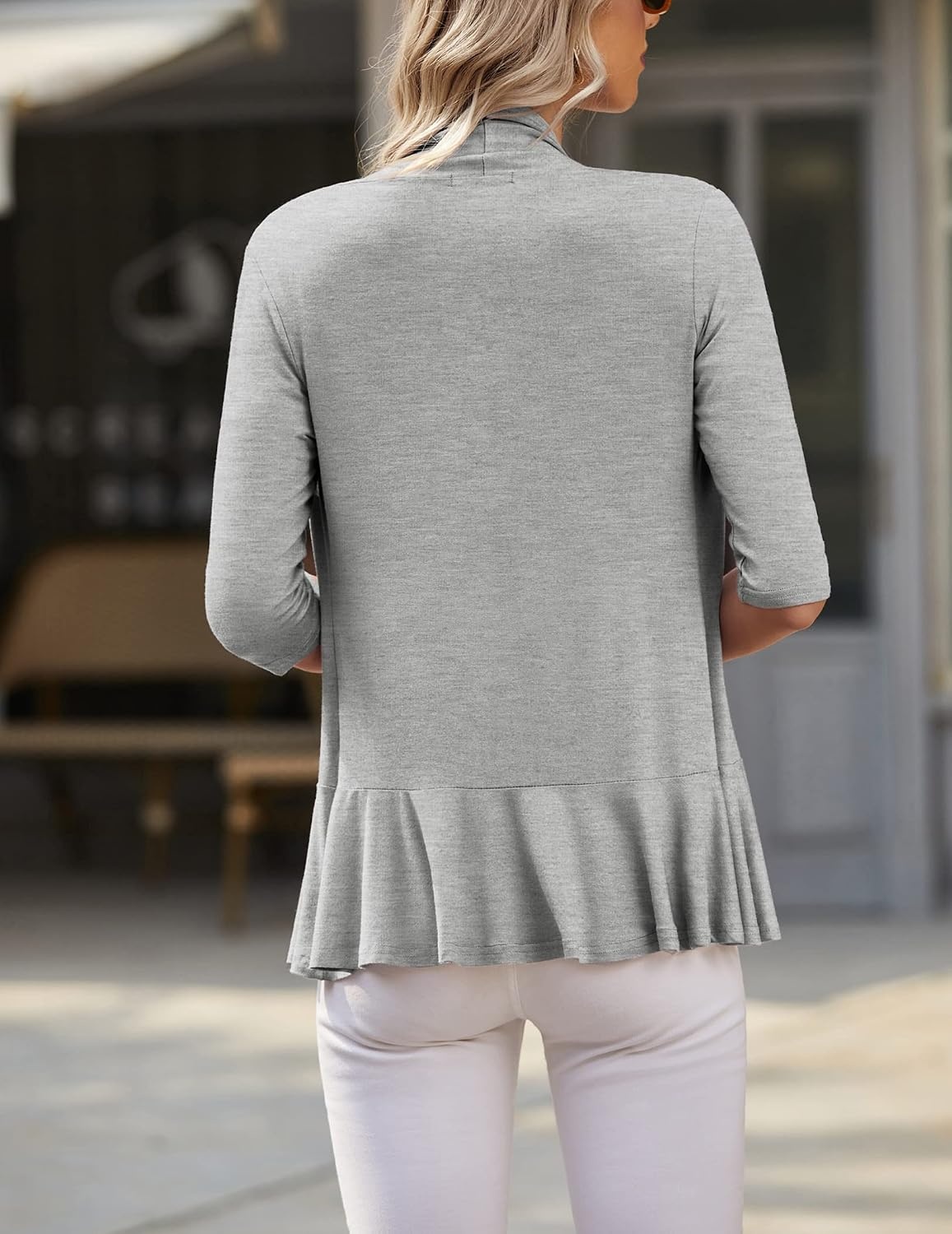 image:imageZeagoo Womens Open Front Cardigan 2026 Spring Summer Lightweight 34 Sleeve Draped Ruffles Cardigans S3XLLight Grey