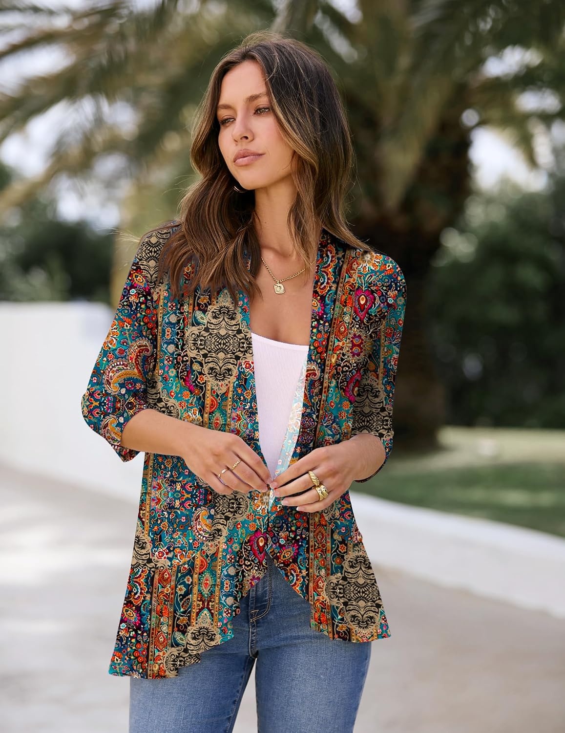 image:imageZeagoo Womens Open Front Cardigan 2026 Spring Summer Lightweight 34 Sleeve Draped Ruffles Cardigans S3XLMulticolor 721