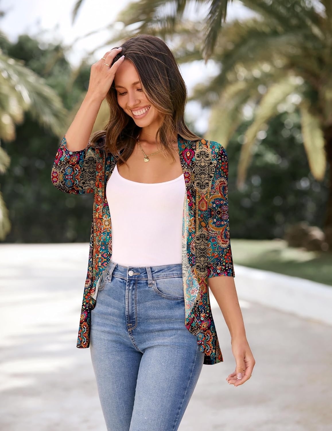 image:imageZeagoo Womens Open Front Cardigan 2026 Spring Summer Lightweight 34 Sleeve Draped Ruffles Cardigans S3XLMulticolor 721