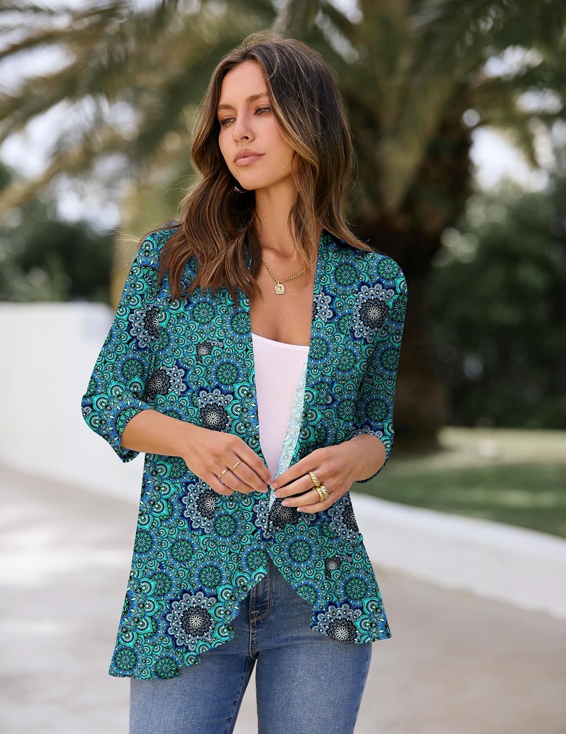 image:imageZeagoo Womens Open Front Cardigan 2026 Spring Summer Lightweight 34 Sleeve Draped Ruffles Cardigans S3XLMulticolor 858