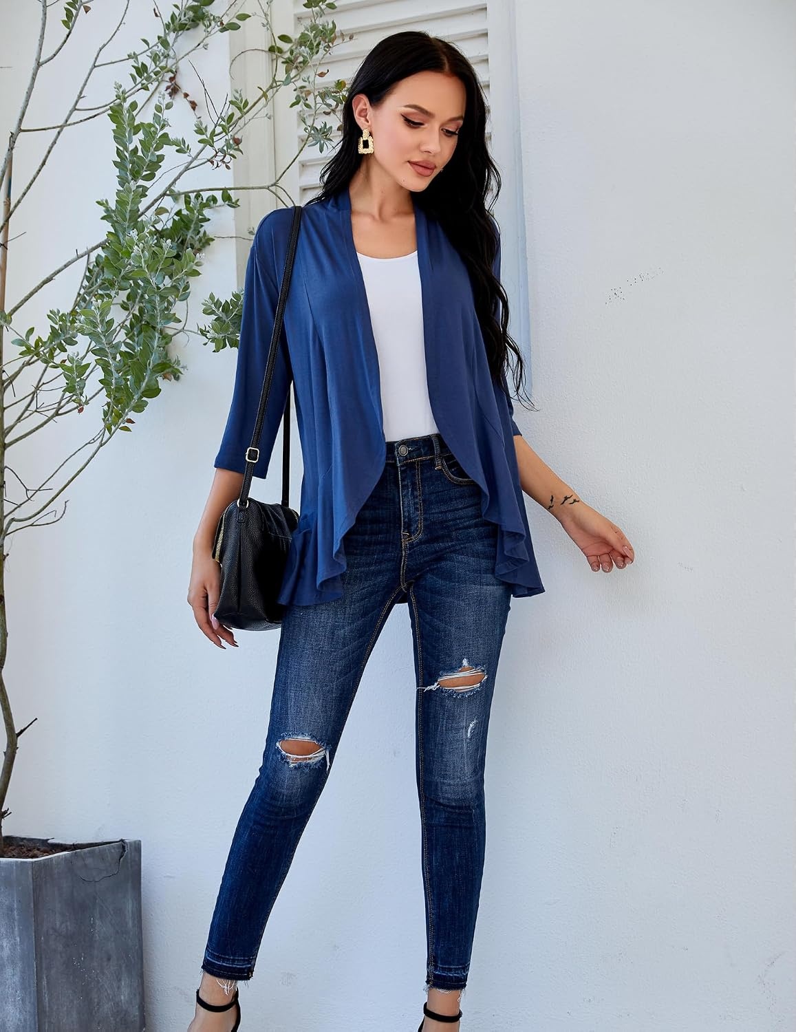 image:imageZeagoo Womens Open Front Cardigan 2026 Spring Summer Lightweight 34 Sleeve Draped Ruffles Cardigans S3XLNavy Blue