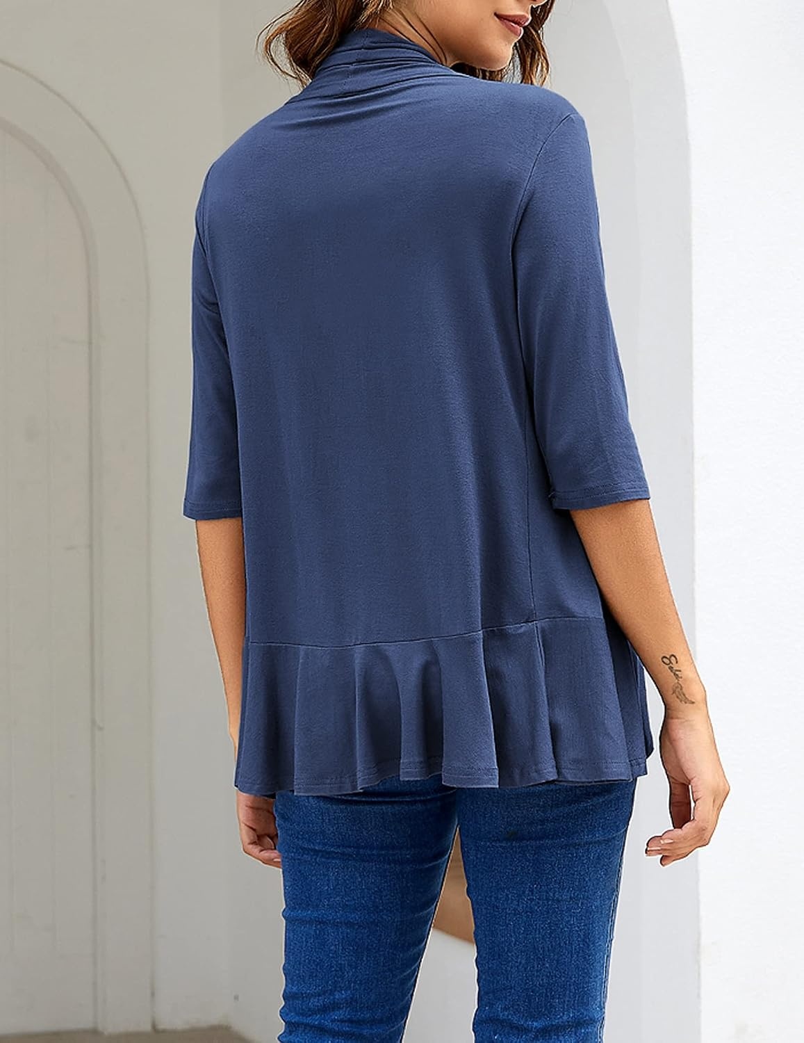 image:imageZeagoo Womens Open Front Cardigan 2026 Spring Summer Lightweight 34 Sleeve Draped Ruffles Cardigans S3XLNavy Blue