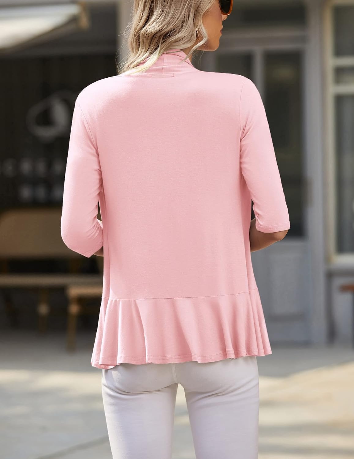 image:imageZeagoo Womens Open Front Cardigan 2026 Spring Summer Lightweight 34 Sleeve Draped Ruffles Cardigans S3XLPink