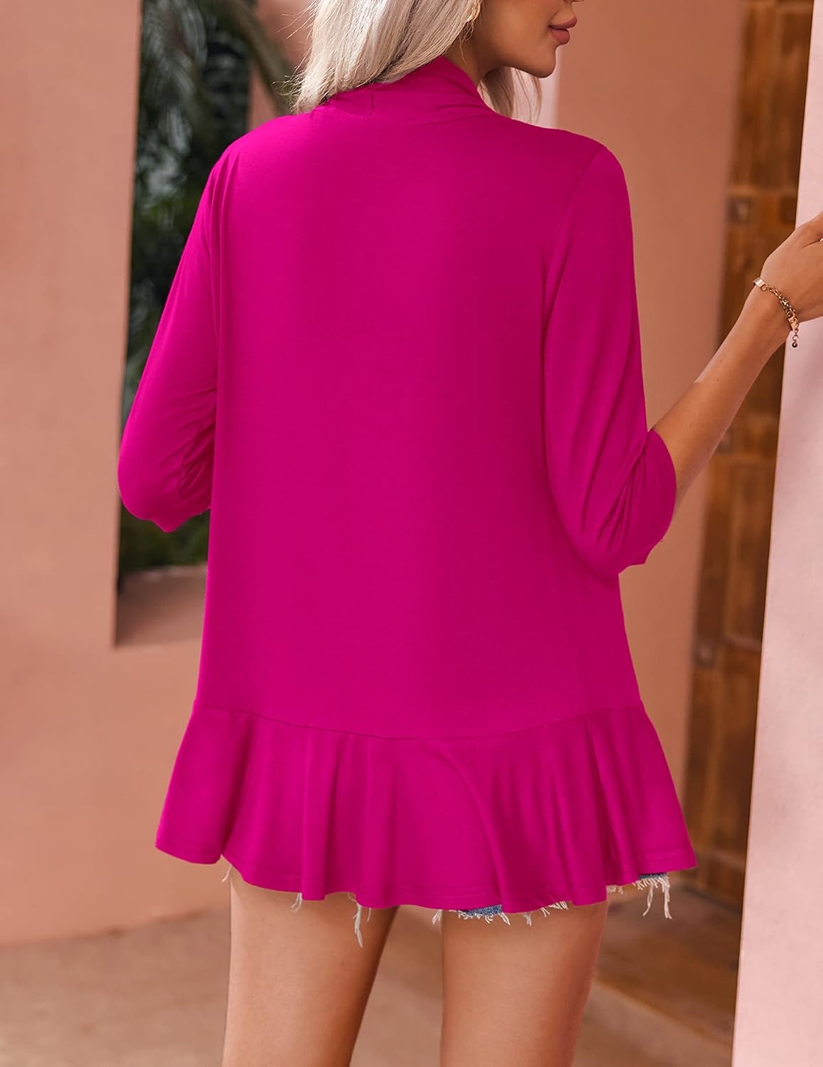image:imageZeagoo Womens Open Front Cardigan 2026 Spring Summer Lightweight 34 Sleeve Draped Ruffles Cardigans S3XLRose
