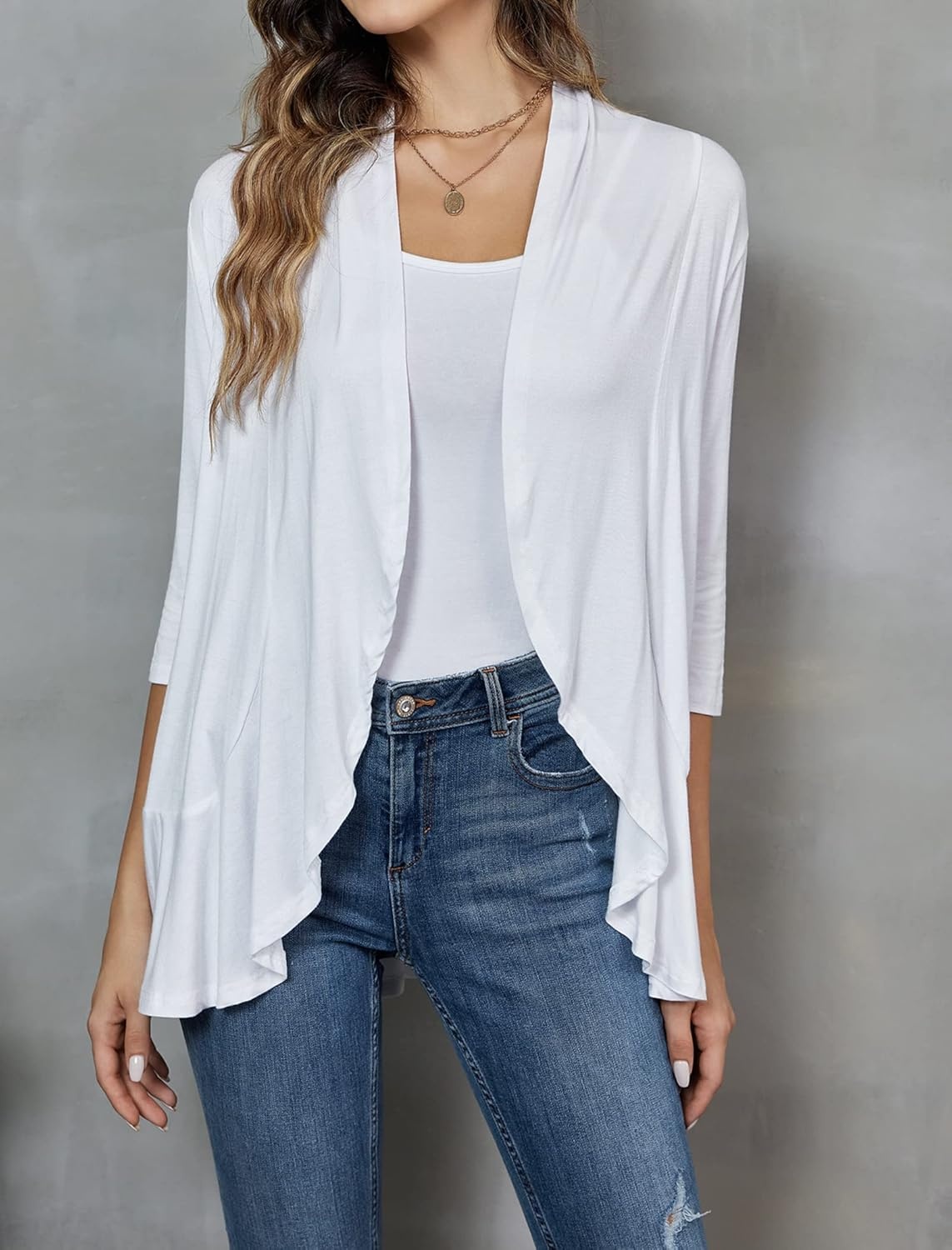 image:imageZeagoo Womens Open Front Cardigan 2026 Spring Summer Lightweight 34 Sleeve Draped Ruffles Cardigans S3XLWhite