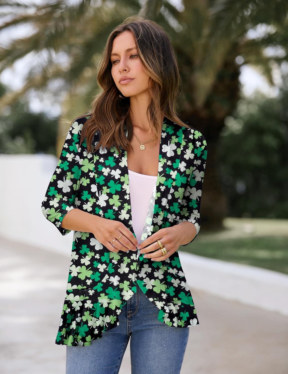 image:imageZeagoo Womens Open Front Cardigan 2026 Spring Summer Lightweight 34 Sleeve Draped Ruffles Cardigans S3XLZw559