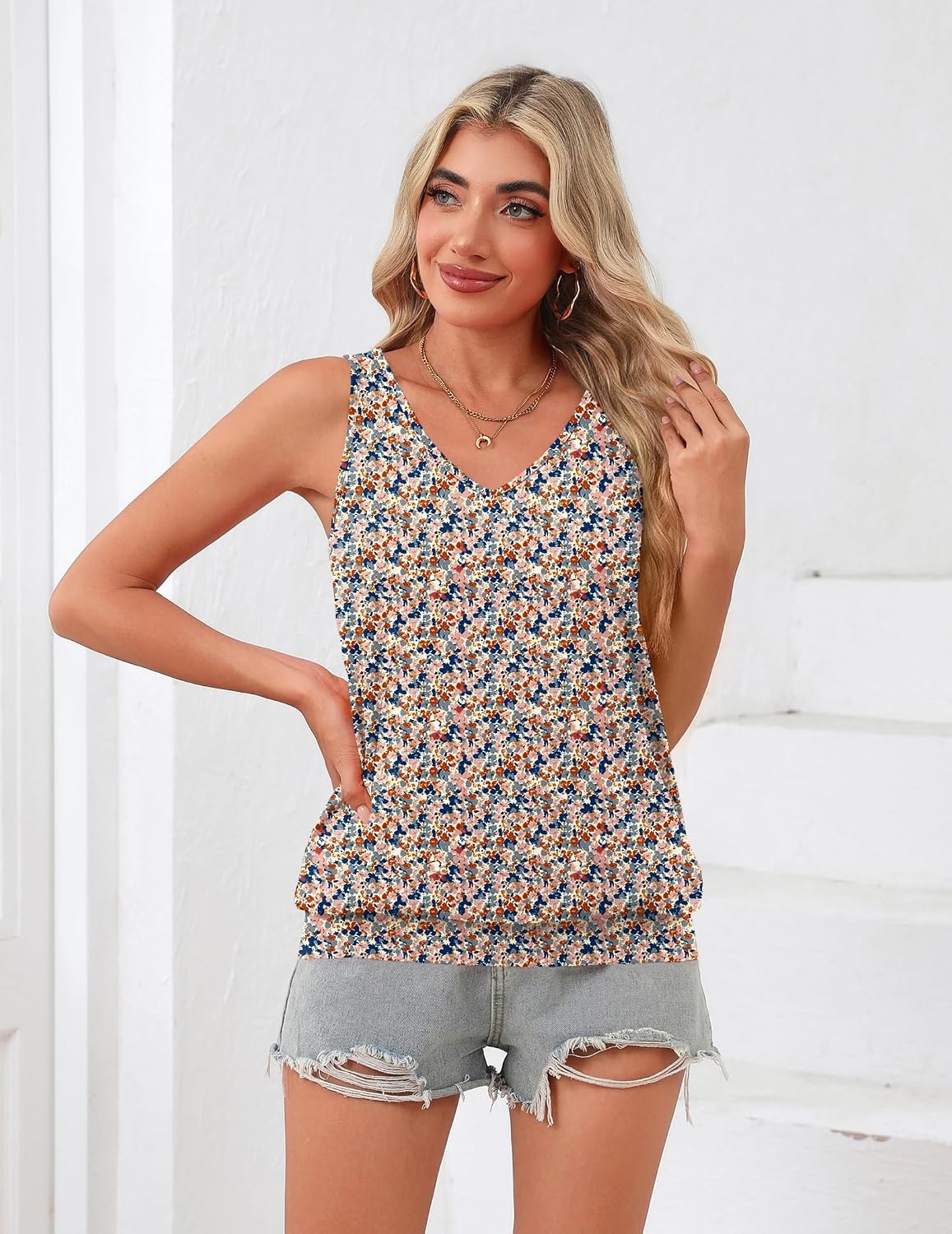image:imageZeagoo Womens Summer Tank Tops V Neck Sleeveless Tops Casual Loose Fit Solid Floral Tanks Cute Basic Banded Cami ShirtsPa115