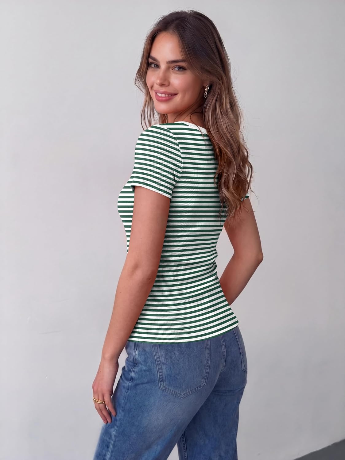 image:imageZeagoo Womens Tops Short Sleeve Scoop Neck Shirts Ribbed Knit Fitted Basic Tees Casual Summer Work ClothesGreen White Stripes