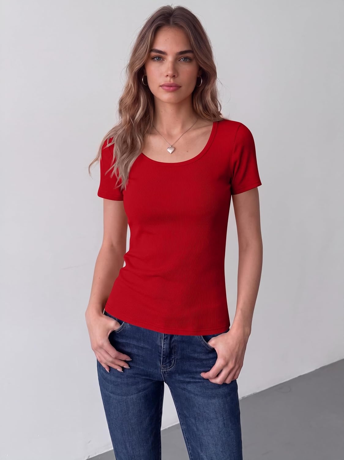 image:imageZeagoo Womens Tops Short Sleeve Scoop Neck Shirts Ribbed Knit Fitted Basic Tees Casual Summer Work ClothesRed