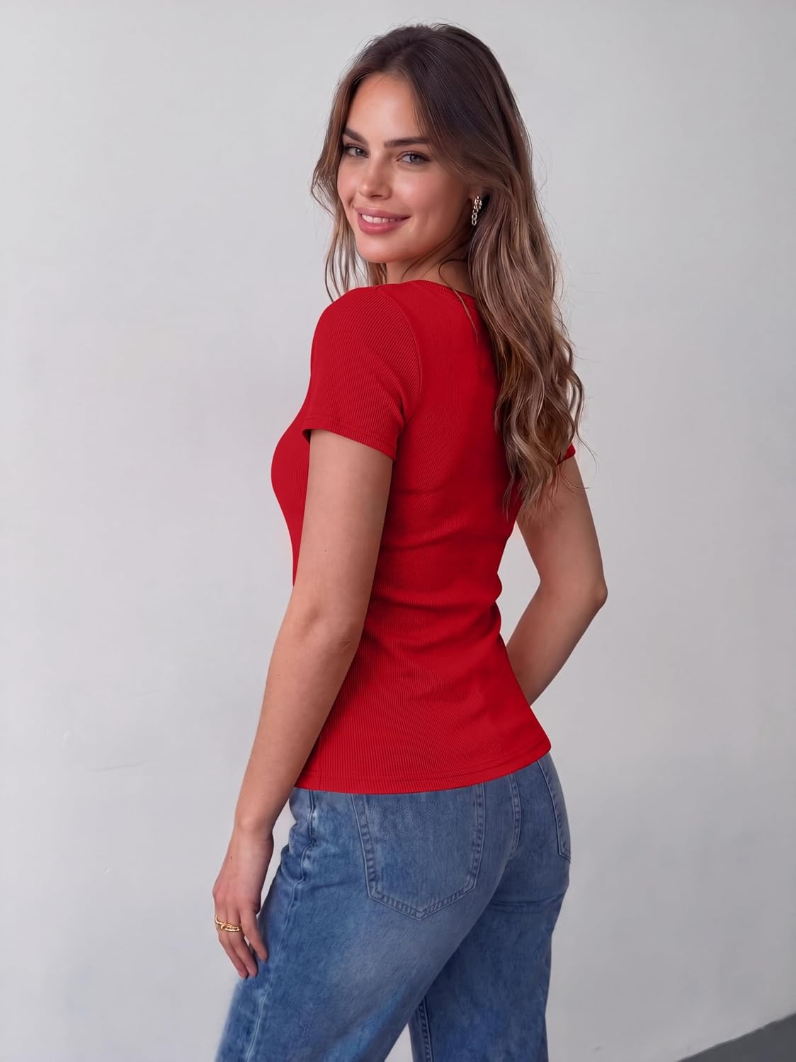 image:imageZeagoo Womens Tops Short Sleeve Scoop Neck Shirts Ribbed Knit Fitted Basic Tees Casual Summer Work ClothesRed