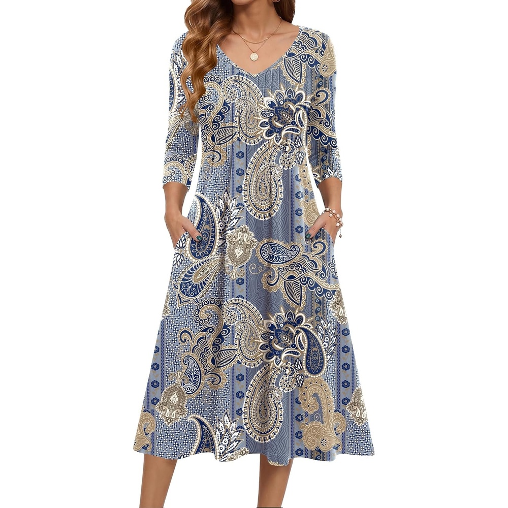 image:imageZeagoo 34 Sleeve Womens Dress Pleated Midi Dresses 2026 Floral T Shirt Dress with Pockets Casual Flowy ALine DressesEthnic Blue
