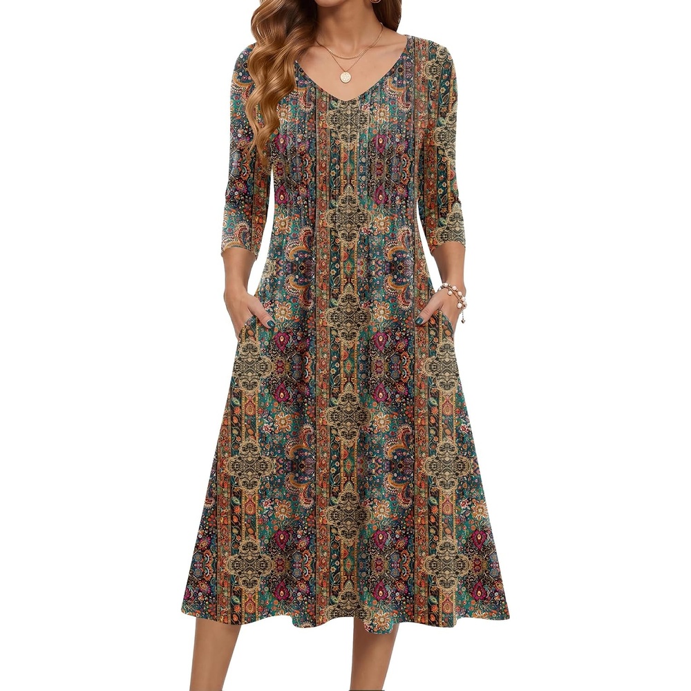image:imageZeagoo 34 Sleeve Womens Dress Pleated Midi Dresses 2026 Floral T Shirt Dress with Pockets Casual Flowy ALine DressesEthnic Prints
