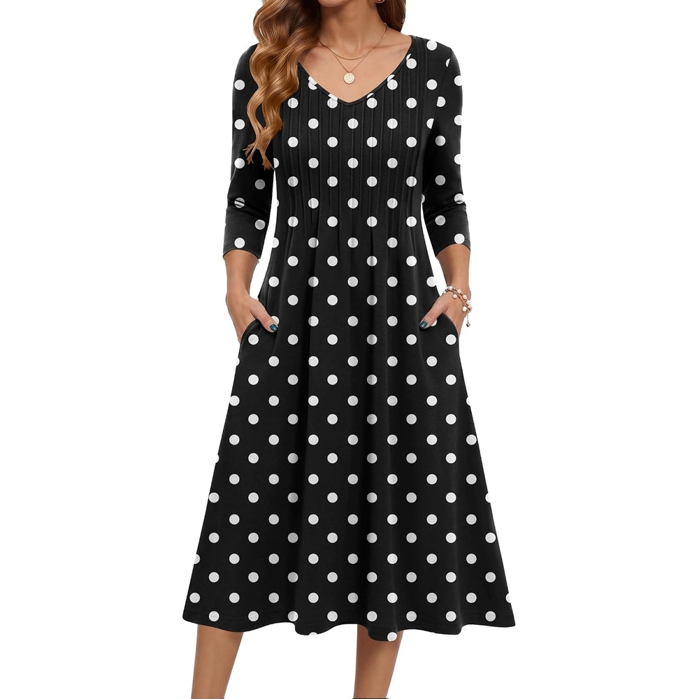 image:imageZeagoo 34 Sleeve Womens Dress Pleated Midi Dresses 2026 Floral T Shirt Dress with Pockets Casual Flowy ALine DressesPolka Dots