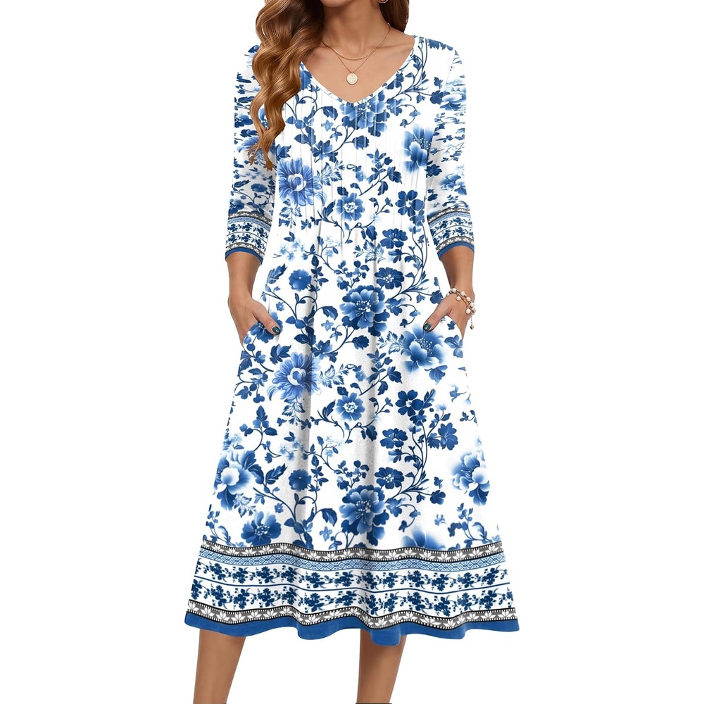 image:imageZeagoo 34 Sleeve Womens Dress Pleated Midi Dresses 2026 Floral T Shirt Dress with Pockets Casual Flowy ALine DressesWhitebased Print